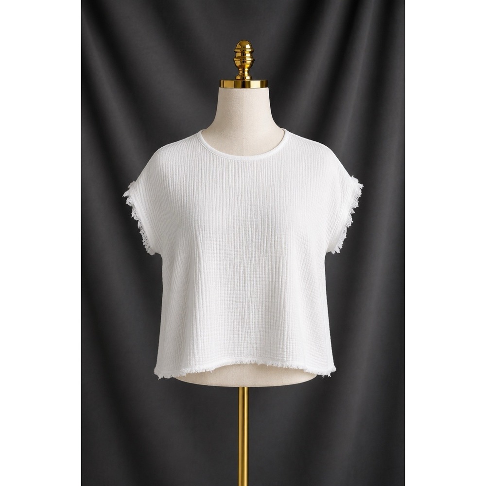 DREW Cotton Gauze Top Cap Sleeve With Fraying Lightweight White Size Small